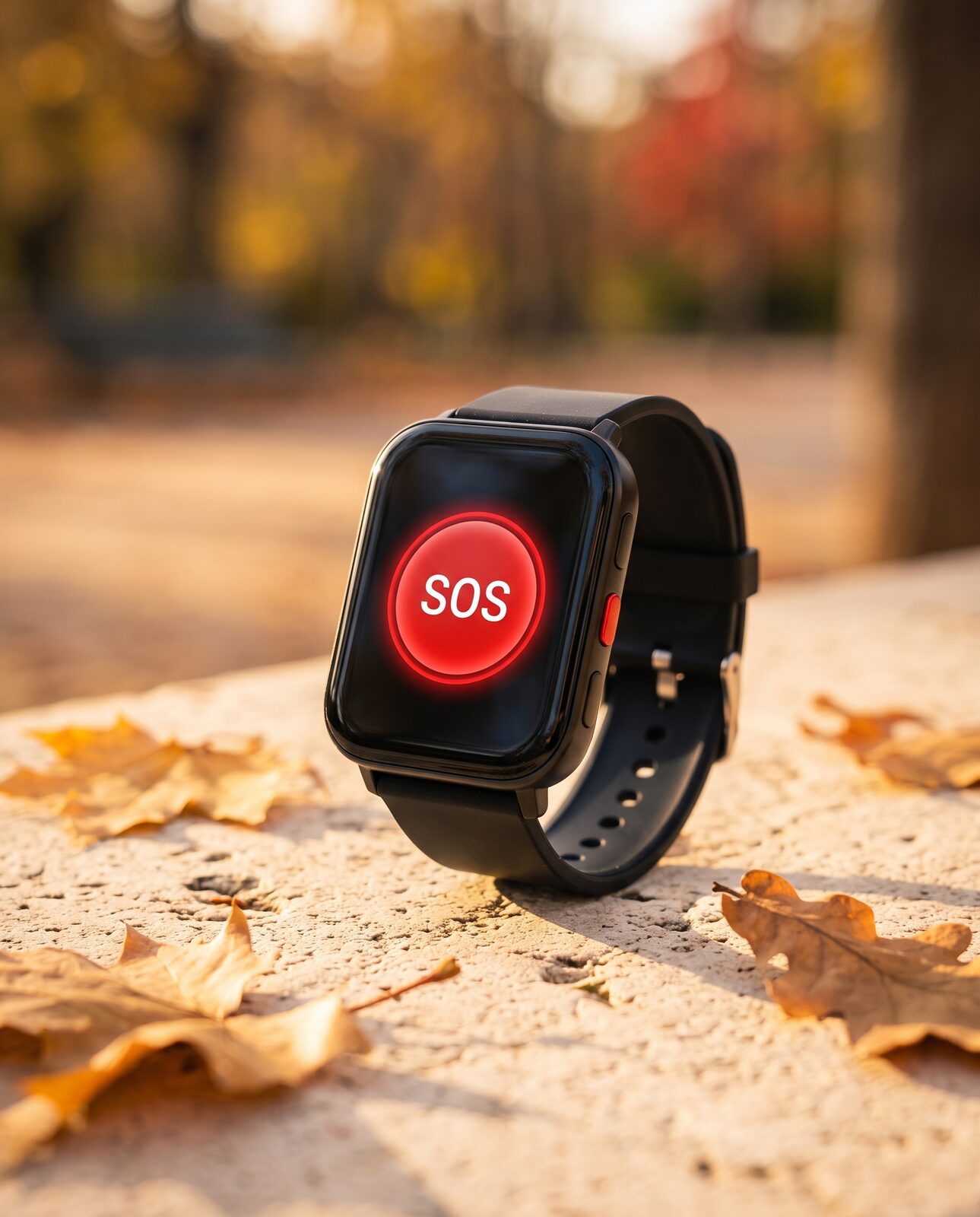 Reloj con GPS de Teleasistencia Vital con la pantalla en SOS, sobre un banco del parque en otoño